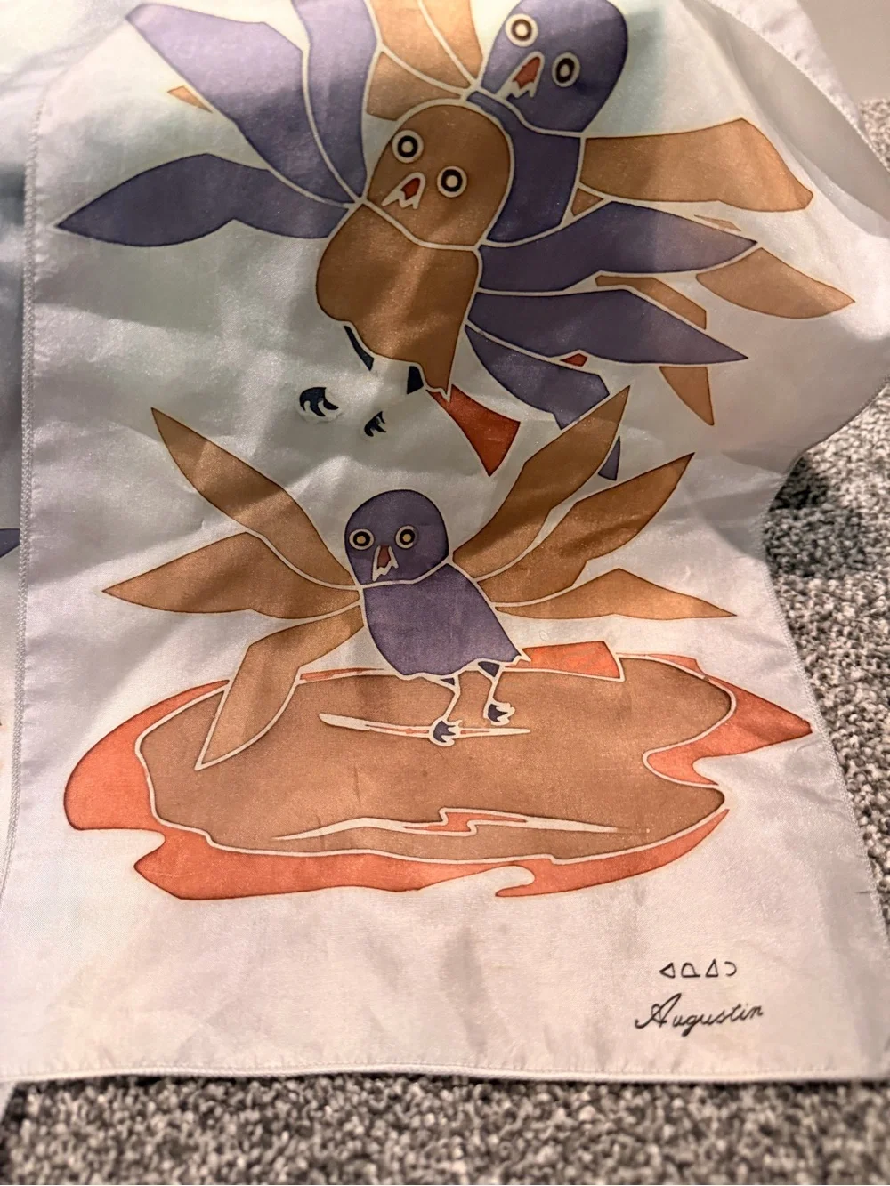 Silk Bird Print Decorative Scarf - Light Blue, Tan & Purple
